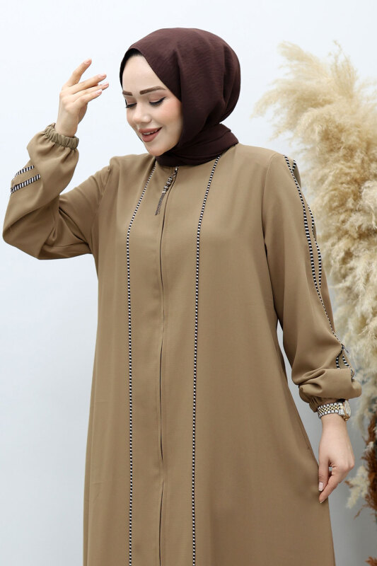 Çizgi Detaylı Tesettür Ferace TSD260147 Vizon - Tesettür Dünyası (1)