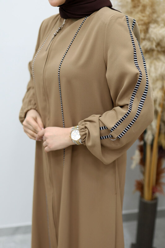 Çizgi Detaylı Tesettür Ferace TSD260147 Vizon - 4