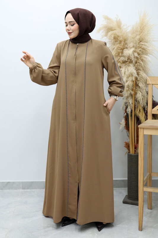 Çizgi Detaylı Tesettür Ferace TSD260147 Vizon - 5