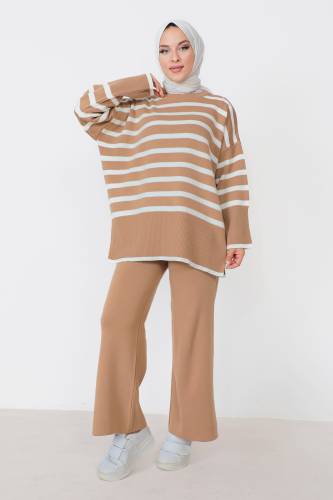 Çizgi Detaylı Triko Takım TSD230909 Vizon 