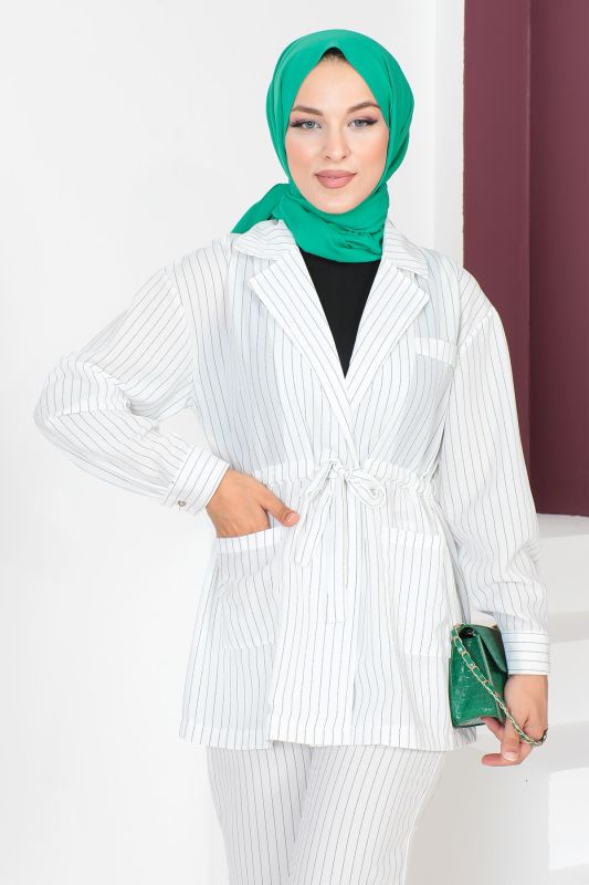 Çizgili İkili Takım TSD230704 Beyaz - 2
