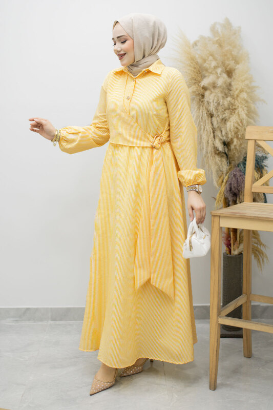 Çizgili Tokalı Gömlek Elbise TSD260196 Sarı - Tesettür Dünyası