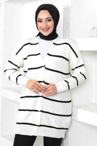 Çizgili Triko Hırka TSD230364 Ekru 