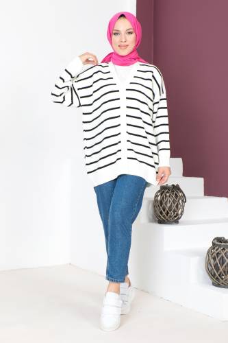 Çizgili Triko Hırka TSD230720 Beyaz 