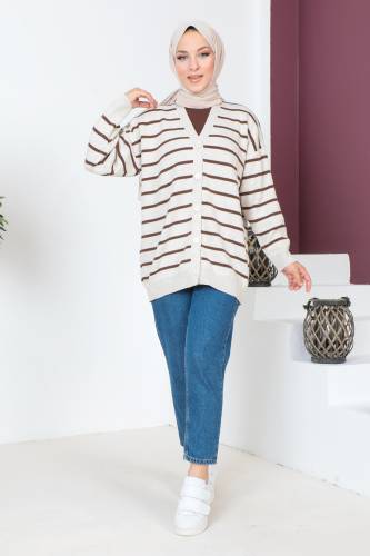 Çizgili Triko Hırka TSD230720 Kahverengi 