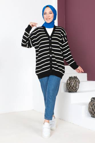 Çizgili Triko Hırka TSD230720 Siyah 