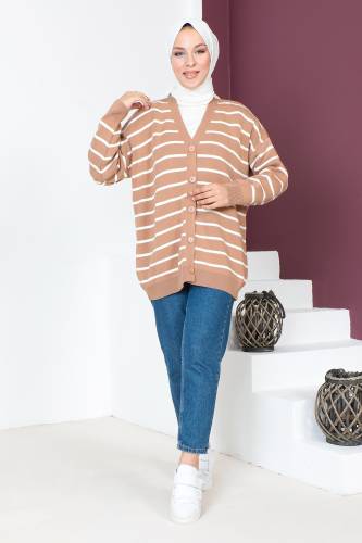 Çizgili Triko Hırka TSD230720 Vizon 