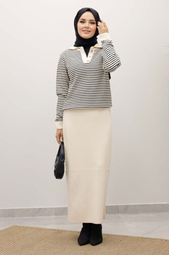 Çizgili Triko Kazak TSD250241 Bej 