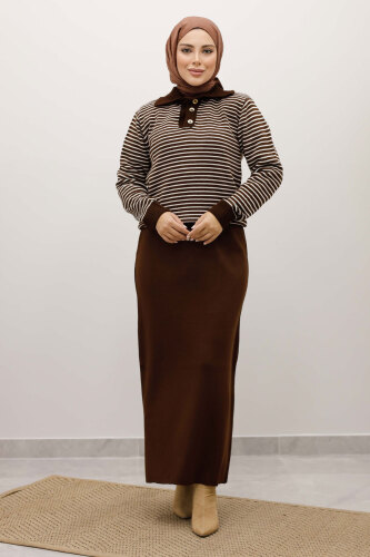 Çizgili Triko Kazak TSD250241 Kahverengi 