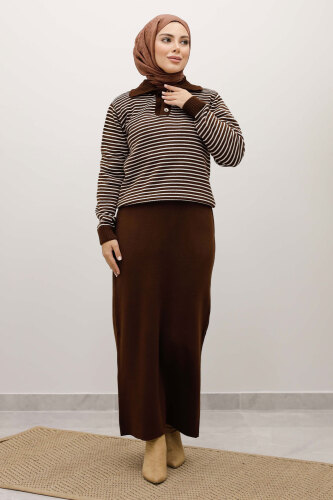 Çizgili Triko Kazak TSD250241 Kahverengi - 5