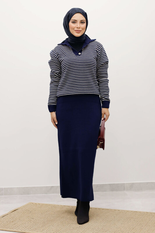 Çizgili Triko Kazak TSD250241 Lacivert - 1