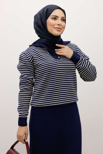 Çizgili Triko Kazak TSD250241 Lacivert - 2