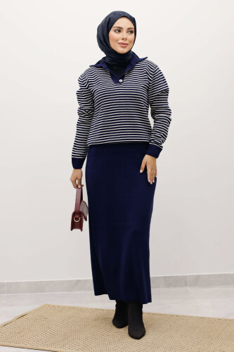 Çizgili Triko Kazak TSD250241 Lacivert - 3