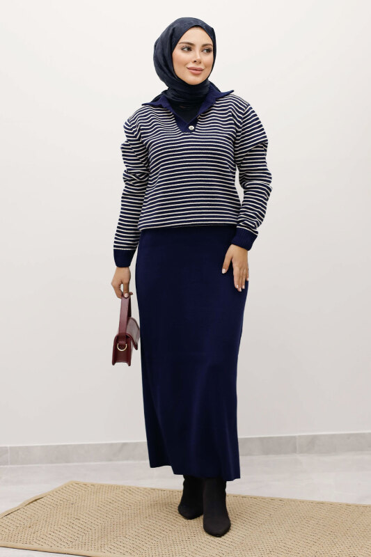 Çizgili Triko Kazak TSD250241 Lacivert - 3