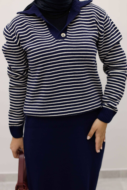 Çizgili Triko Kazak TSD250241 Lacivert - 4