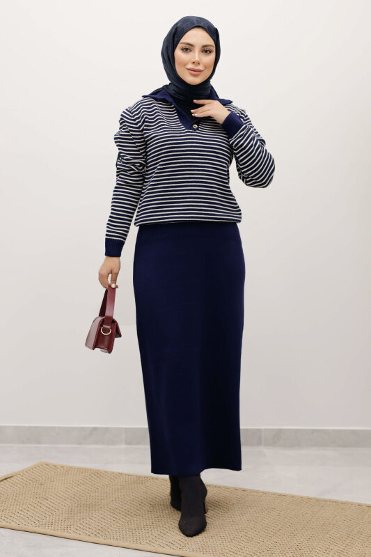 Çizgili Triko Kazak TSD250241 Lacivert - 5