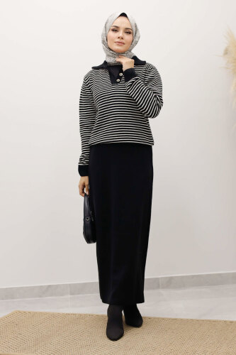 Çizgili Triko Kazak TSD250241 Siyah - 1