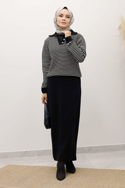 Çizgili Triko Kazak TSD250241 Siyah - 1