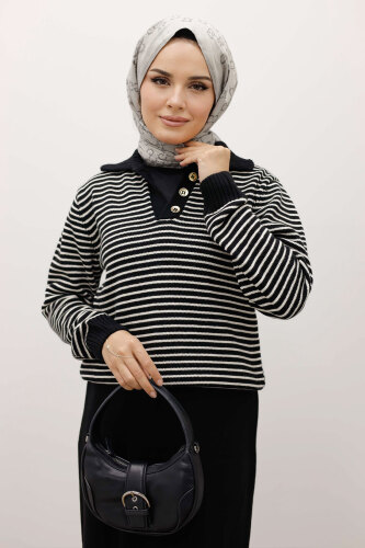 Çizgili Triko Kazak TSD250241 Siyah - 2