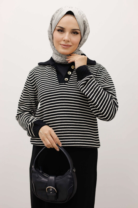 Çizgili Triko Kazak TSD250241 Siyah - 2