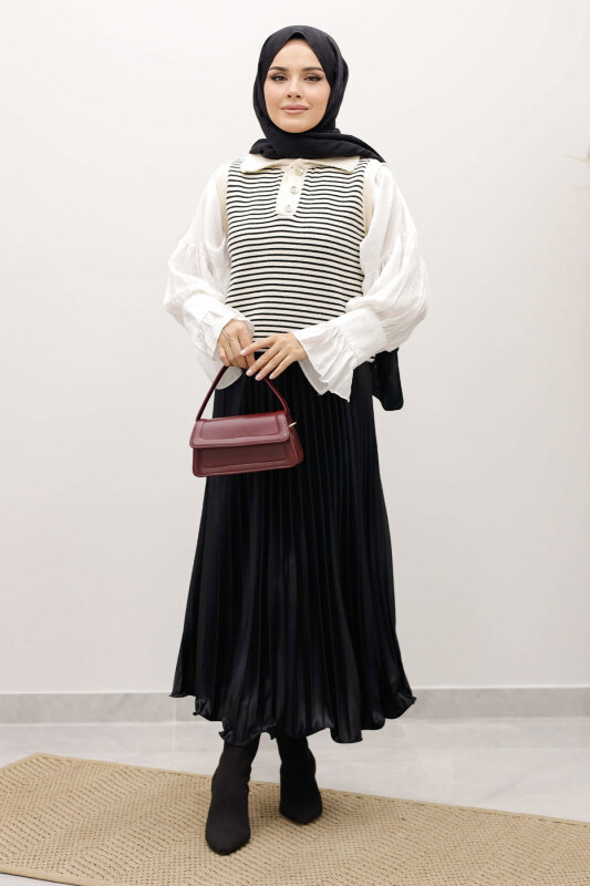 Çizgili Triko Süveter TSD250239 Bej - TESETTÜR DÜNYASI