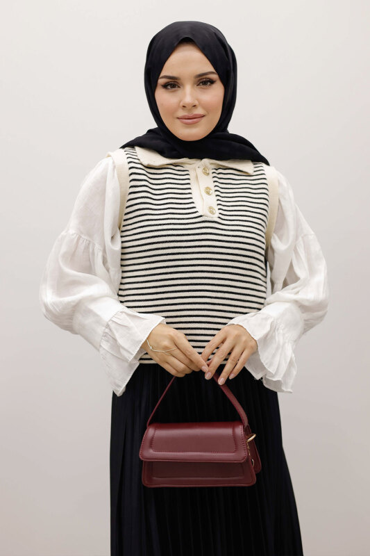 Çizgili Triko Süveter TSD250239 Bej - TESETTÜR DÜNYASI (1)