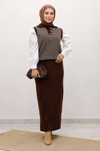 Çizgili Triko Süveter TSD250239 Kahverengi - 3