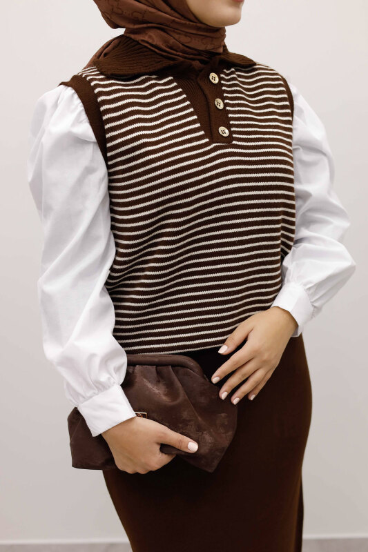 Çizgili Triko Süveter TSD250239 Kahverengi - 4