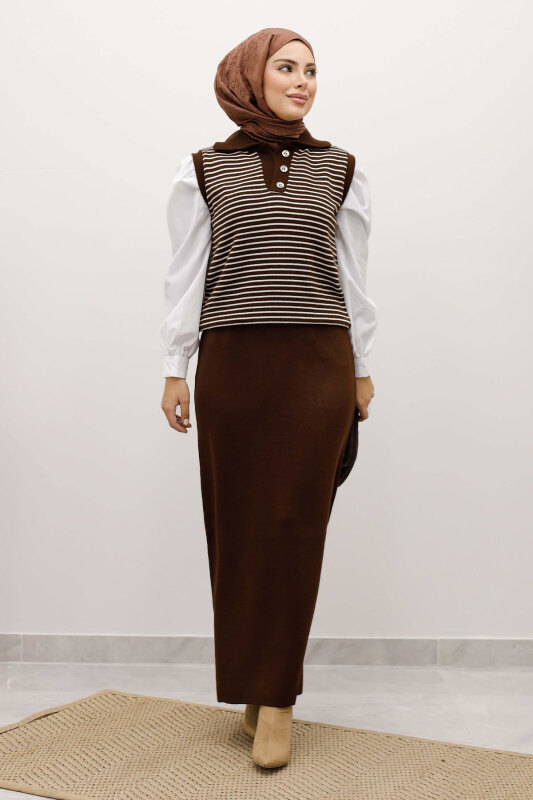 Çizgili Triko Süveter TSD250239 Kahverengi - 5