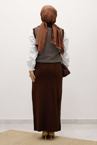 Çizgili Triko Süveter TSD250239 Kahverengi - 6