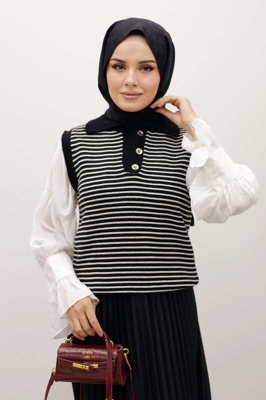 Çizgili Triko Süveter TSD250239 Siyah - TESETTÜR DÜNYASI (1)