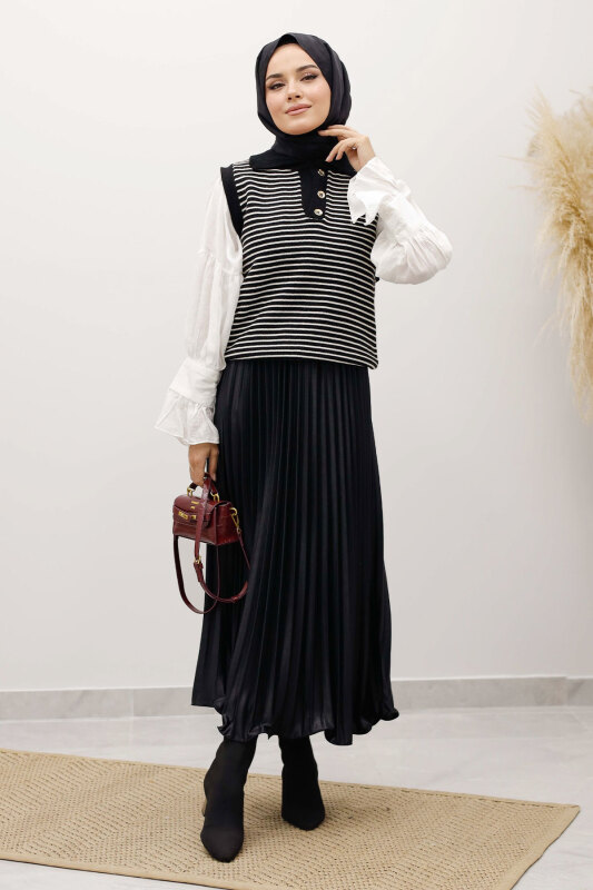 Çizgili Triko Süveter TSD250239 Siyah - 3