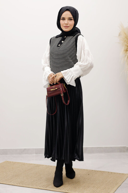 Çizgili Triko Süveter TSD250239 Siyah - 5