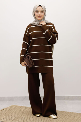 Çizgili Triko Takım TSD240721 Acı Kahve 