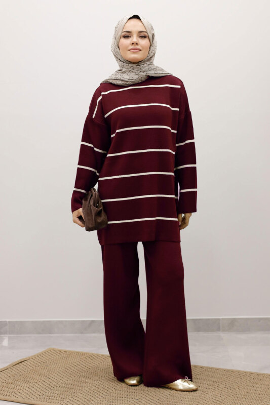 Çizgili Triko Takım TSD240721 Bordo - 1