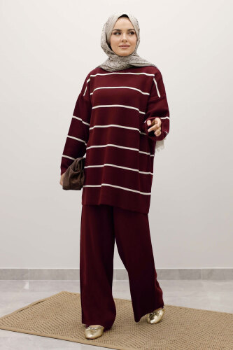 Çizgili Triko Takım TSD240721 Bordo - 3