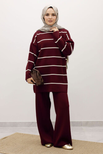 Çizgili Triko Takım TSD240721 Bordo - 4