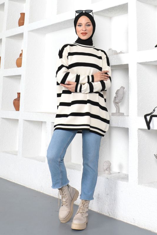 Çizgili Triko Tunik TSD230214 Bej - 4