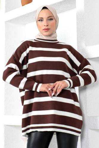Çizgili Triko Tunik TSD230214 Kahverengi 