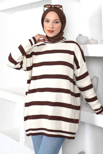 Çizgili Triko Tunik TSD230214 Krem 