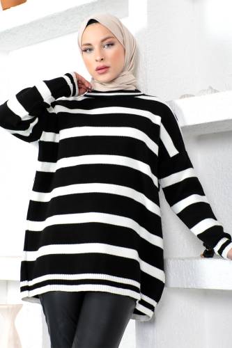 Çizgili Triko Tunik TSD230214 Siyah 