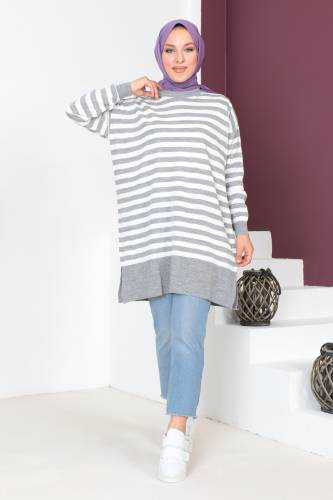 Çizgili Triko Tunik TSD230716 Gri 