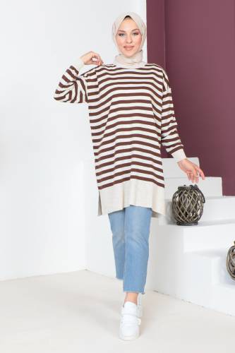 Çizgili Triko Tunik TSD230716 Kahverengi 