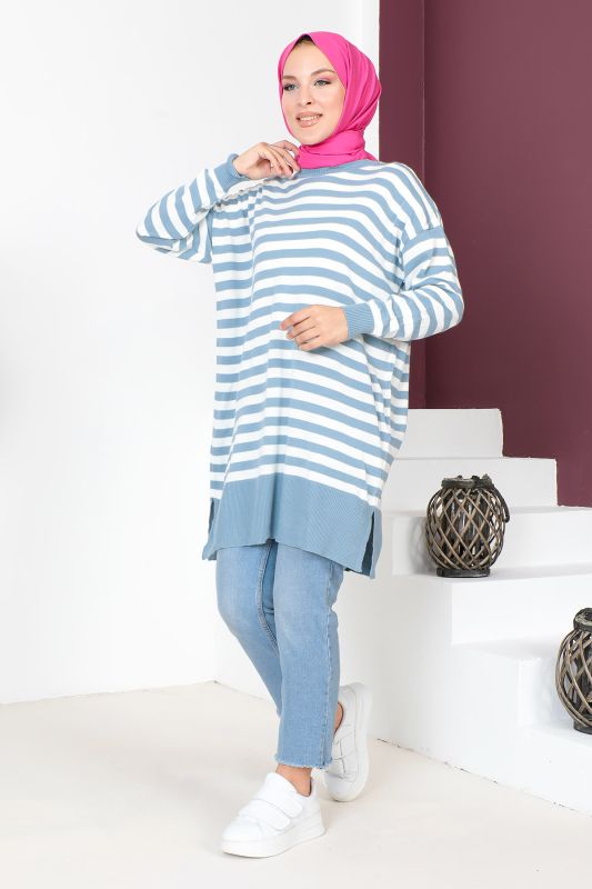 Çizgili Triko Tunik TSD230716 Mavi - 3