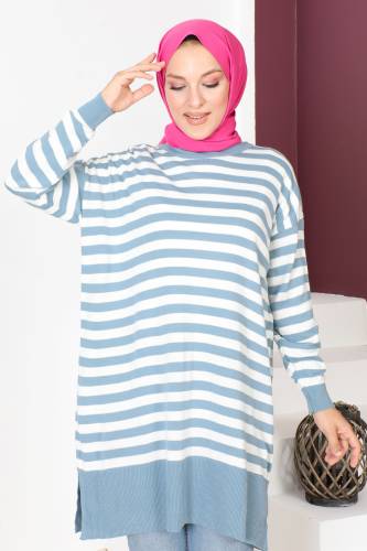 Çizgili Triko Tunik TSD230716 Mavi - Tesettür Dünyası (1)