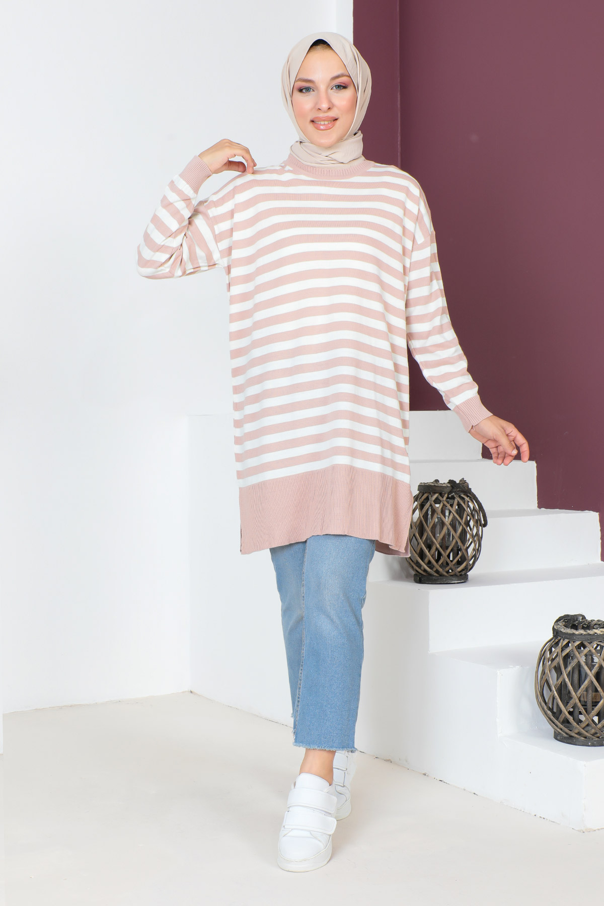 Tesettür Dünyası - Çizgili Triko Tunik TSD230716 Pudra
