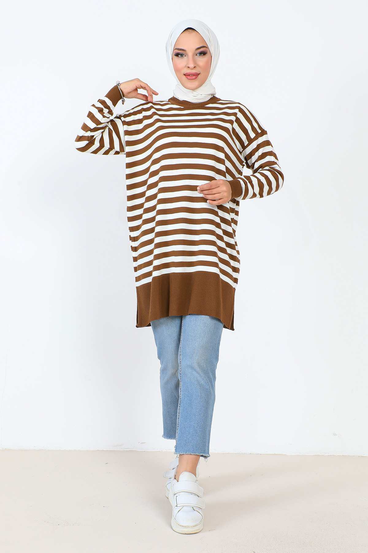 Tesettür Dünyası - Çizgili Triko Tunik TSD230716 Taba