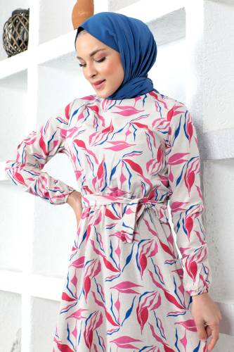 Dal Desenli Keten Elbise TSD230226 Pembe - Tesettür Dünyası (1)