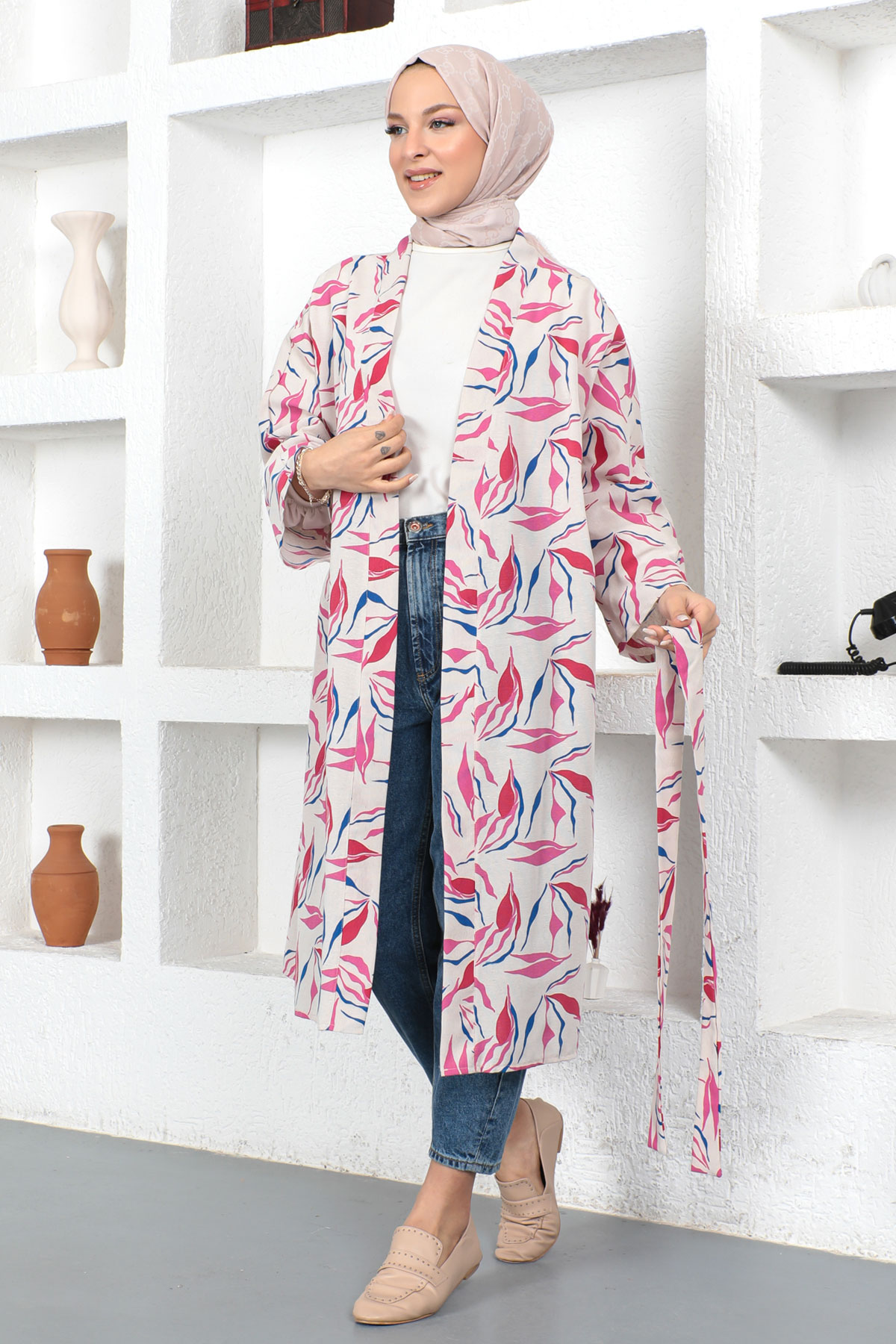 Tesettür Dünyası - Dal Desenli Kimono TSD230426 Pembe