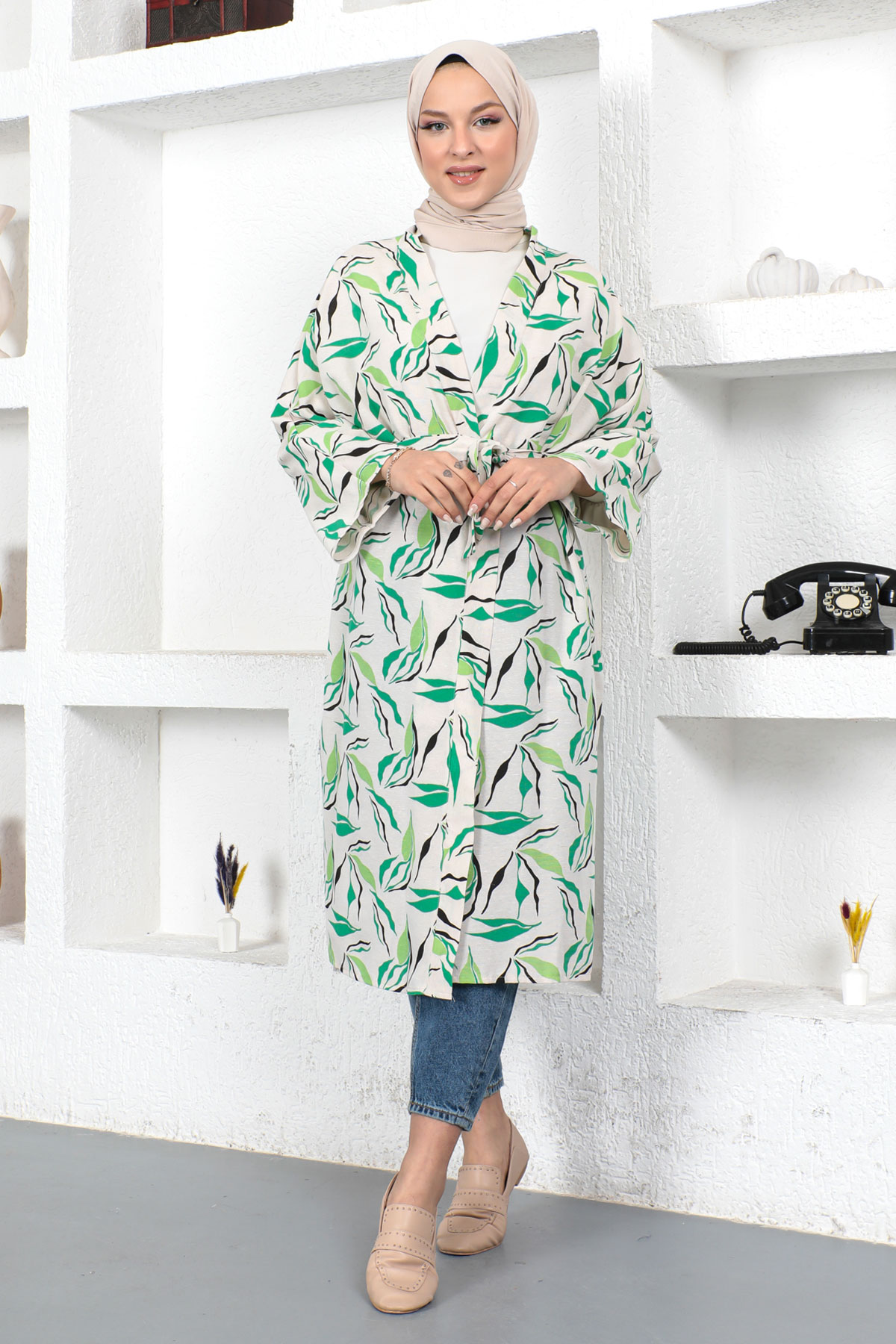Tesettür Dünyası - Dal Desenli Kimono TSD230426 Yeşil